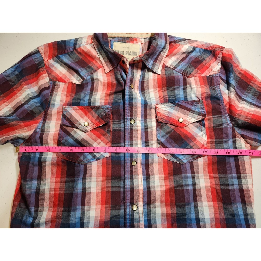 Ditch Plains Pearl Snap Men's Size L Shirt Red Blue Plaid Short Sleeve Cowboy - Picture 4 of 7